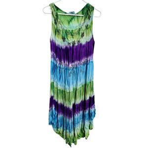 Vintage Shoreline Tie Dye Embroidered Floral Free Size Midi Dress Festival‎ Boho